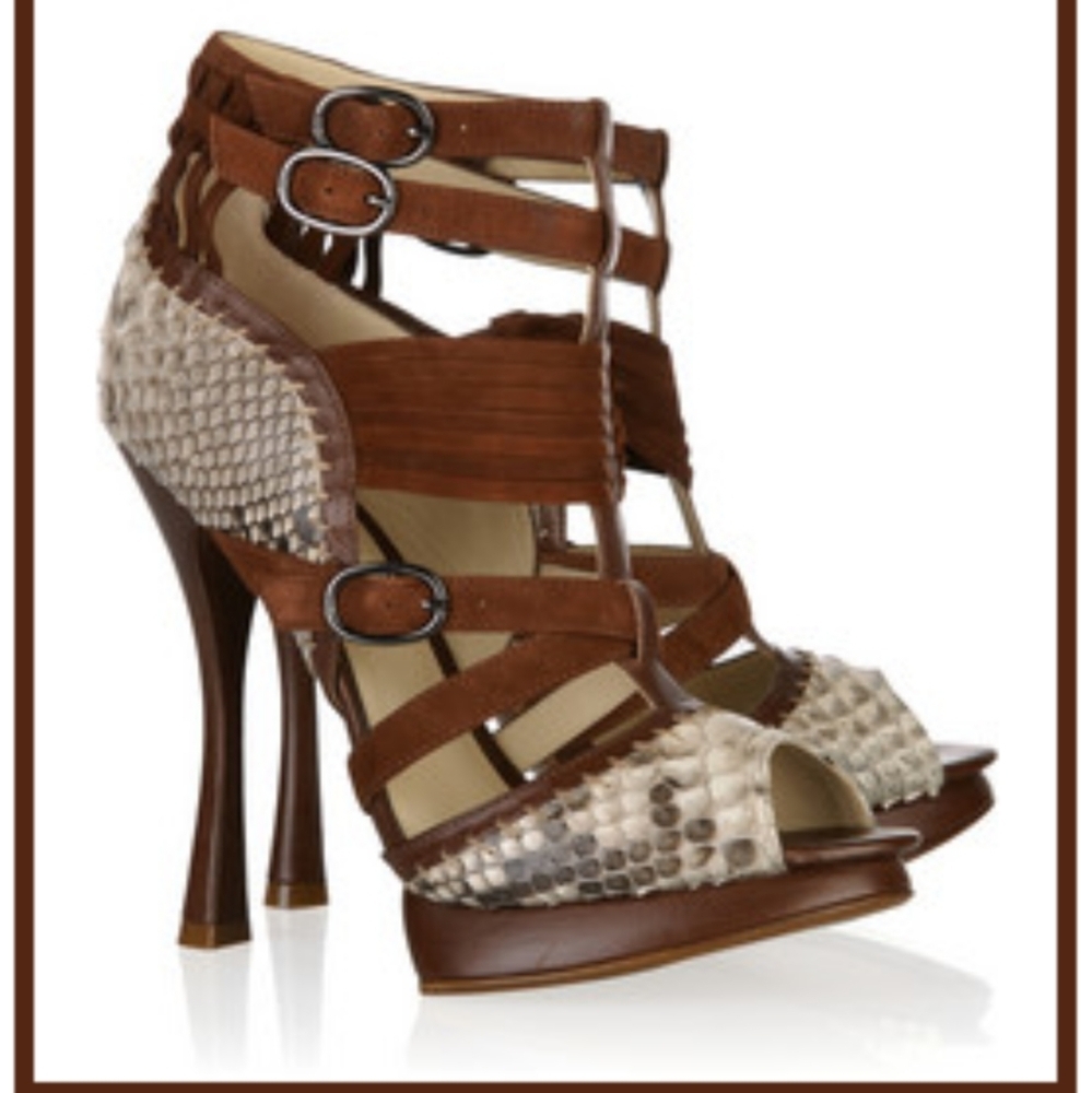 Alexandre Birman Multicolor Python and Leather Peep Toe Platform Sandals